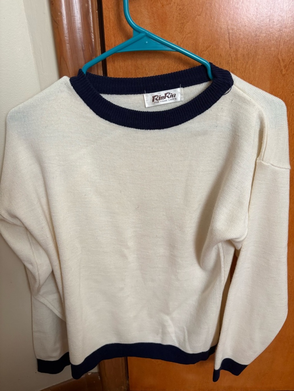Cream Sweater with Navy Trim - Women's Crewneck